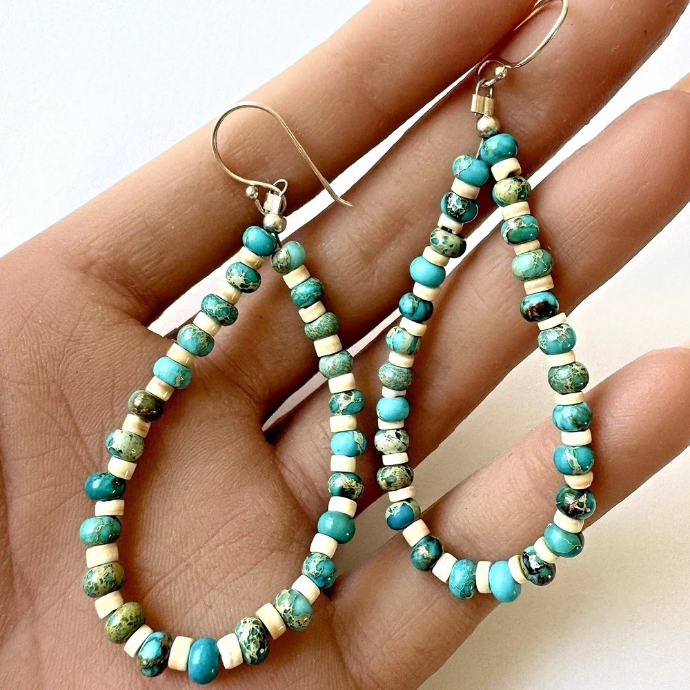 Jacla Navajo Earrings Turquoise Heishi 3in 925 Sterling Dangle Hook Loops Long